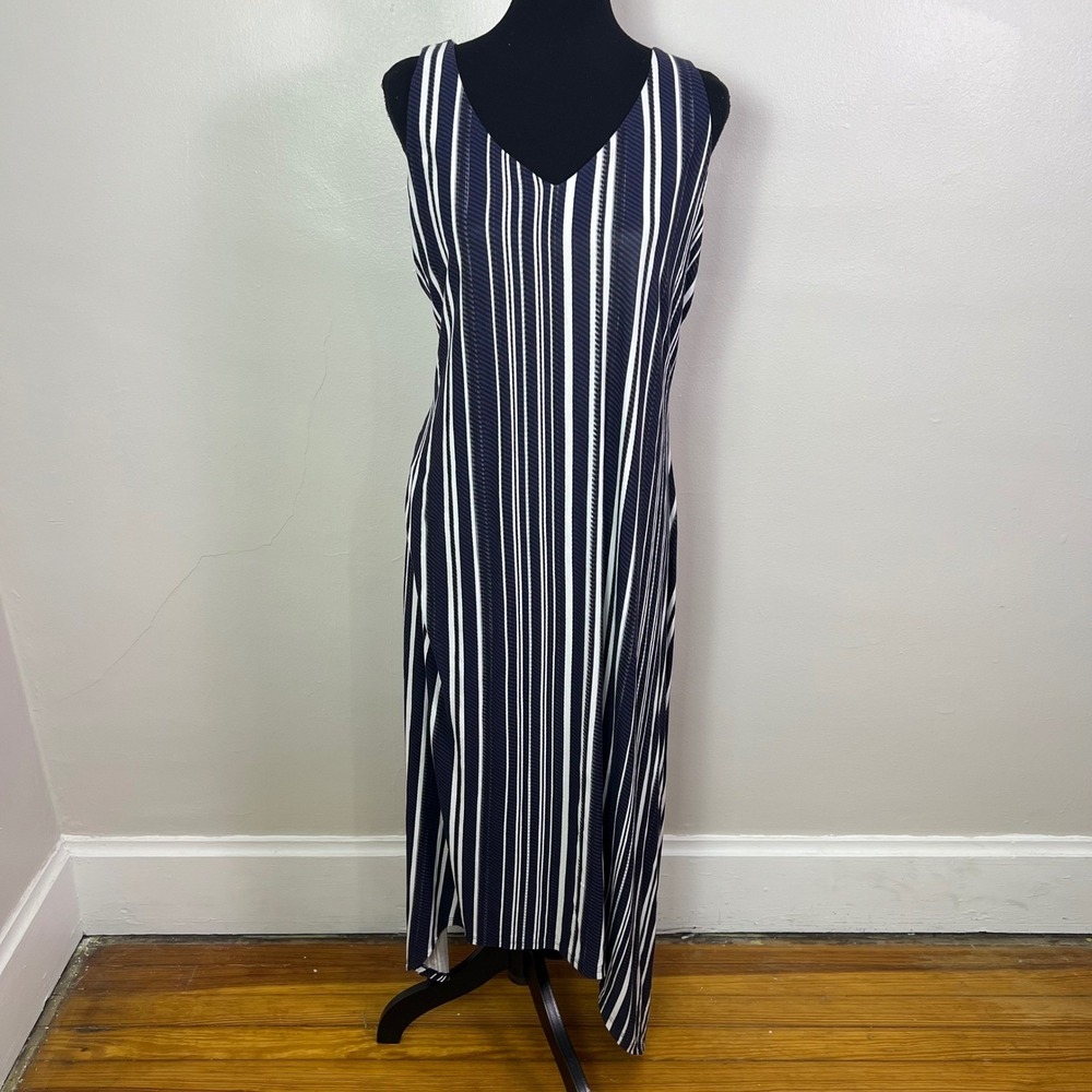 Tommy Bahama Anoche Medium Navy White Striped Handkerchief Hem Maxi Dress
